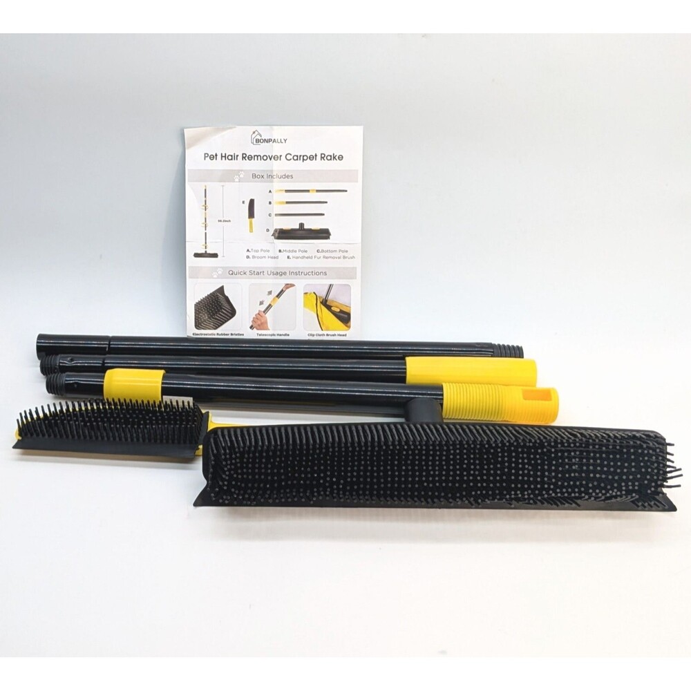 Pet Hair Rubber Broom with Carpet Rake and Pet Brush, 2 in 1 Floor Brush